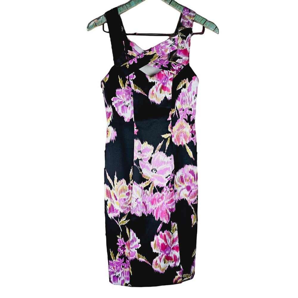 Vintage Cache Floral Silky Satin Criss Cross Bodycon Dress, Sz 2